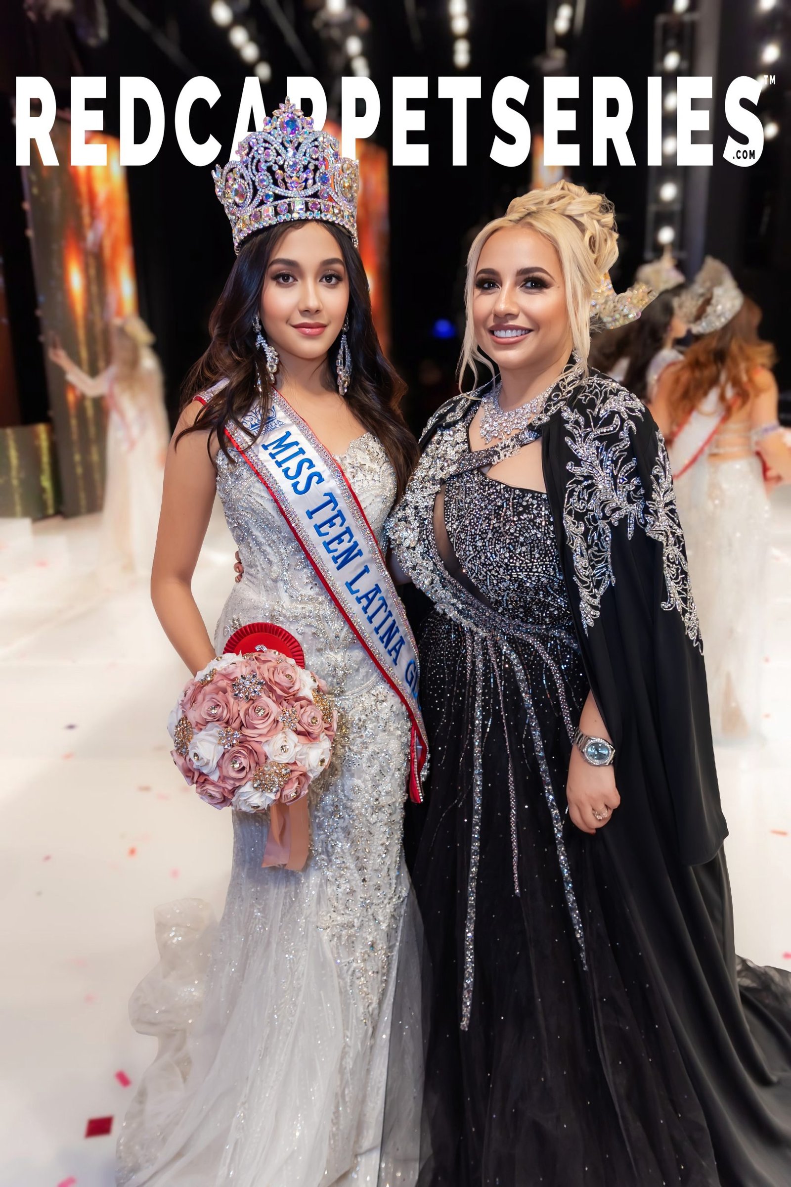 Miss Teen Latina Global posing with April Black Diamond on stage after the Miss & Mrs. Asia USA